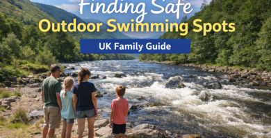 Family assessing fast-flowing Scottish river on a summer day while learning how to choose safe outdoor swimming spots in the UK