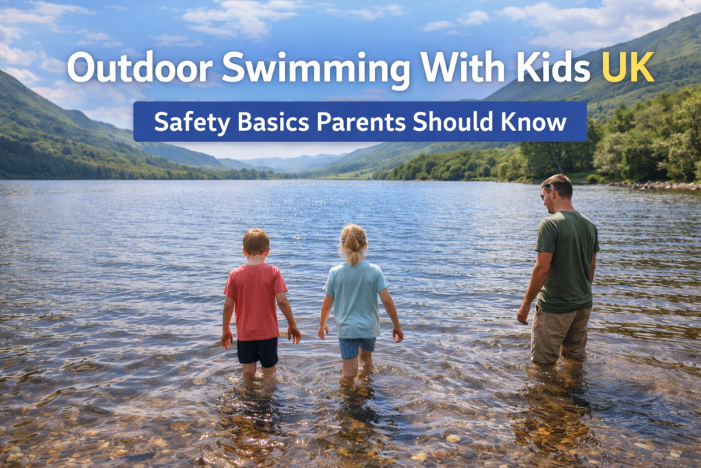 Parent supervising two children wading into a calm UK lake during outdoor swimming on a summer day