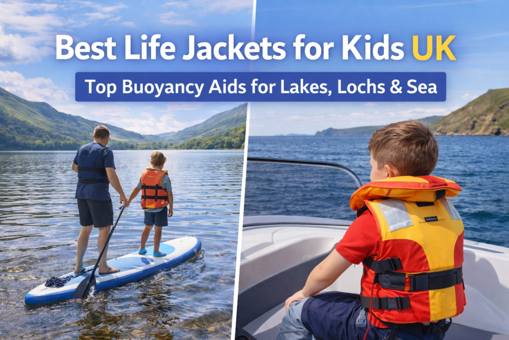 Child wearing a life jacket on a paddle board and boat in the UK, showing safe buoyancy aids for lakes, lochs and coastal water