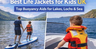 Child wearing a life jacket on a paddle board and boat in the UK, showing safe buoyancy aids for lakes, lochs and coastal water