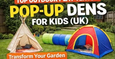 Kids outdoor play tents and tunnel set up in a UK garden for imaginative garden play