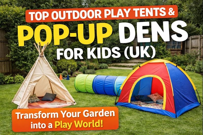Kids outdoor play tents and tunnel set up in a UK garden for imaginative garden play