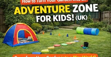 Garden adventure play setup with tent, cones, stepping stones and tunnel in a UK back garden