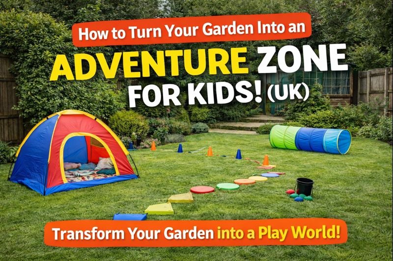 Garden adventure play setup with tent, cones, stepping stones and tunnel in a UK back garden