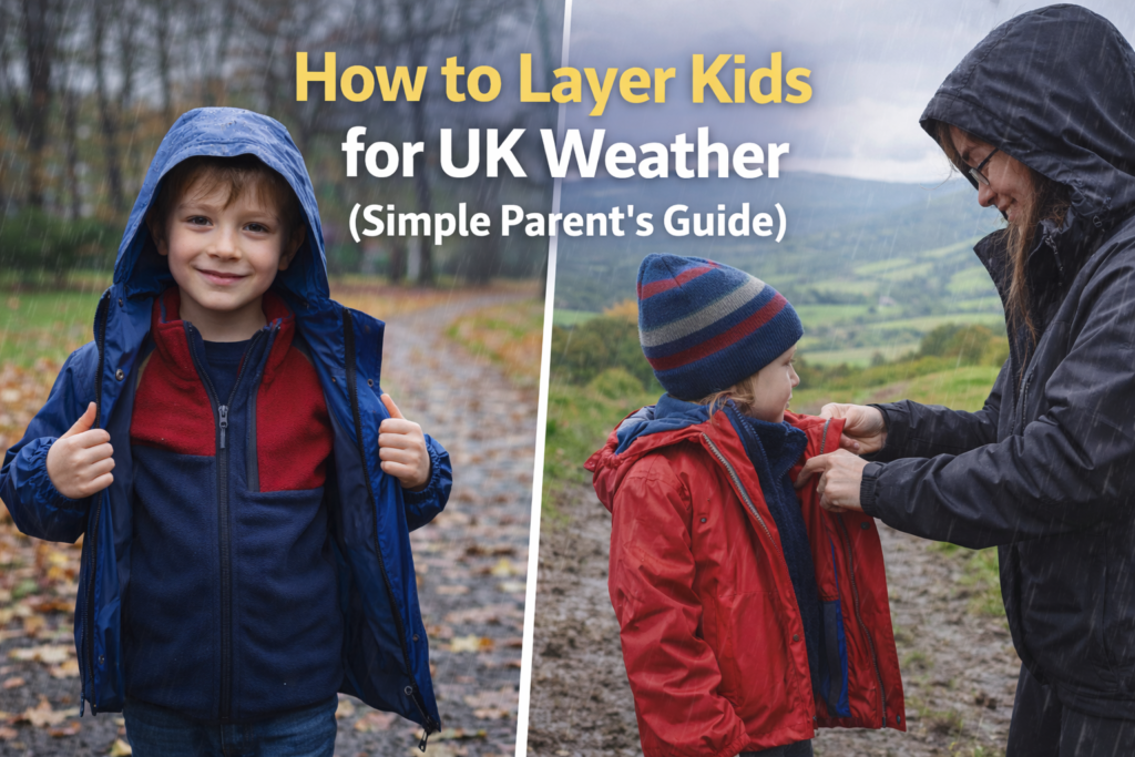 Two children wearing layered clothing with waterproof jackets in rainy UK weather, showing how to dress kids for cold and wet conditions