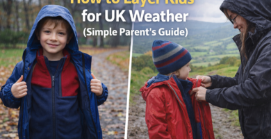 Two children wearing layered clothing with waterproof jackets in rainy UK weather, showing how to dress kids for cold and wet conditions