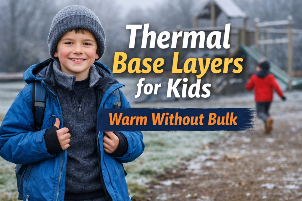 Child wearing layered winter clothing with a thermal base layer under a jacket in a frosty UK playground