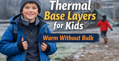 Child wearing layered winter clothing with a thermal base layer under a jacket in a frosty UK playground