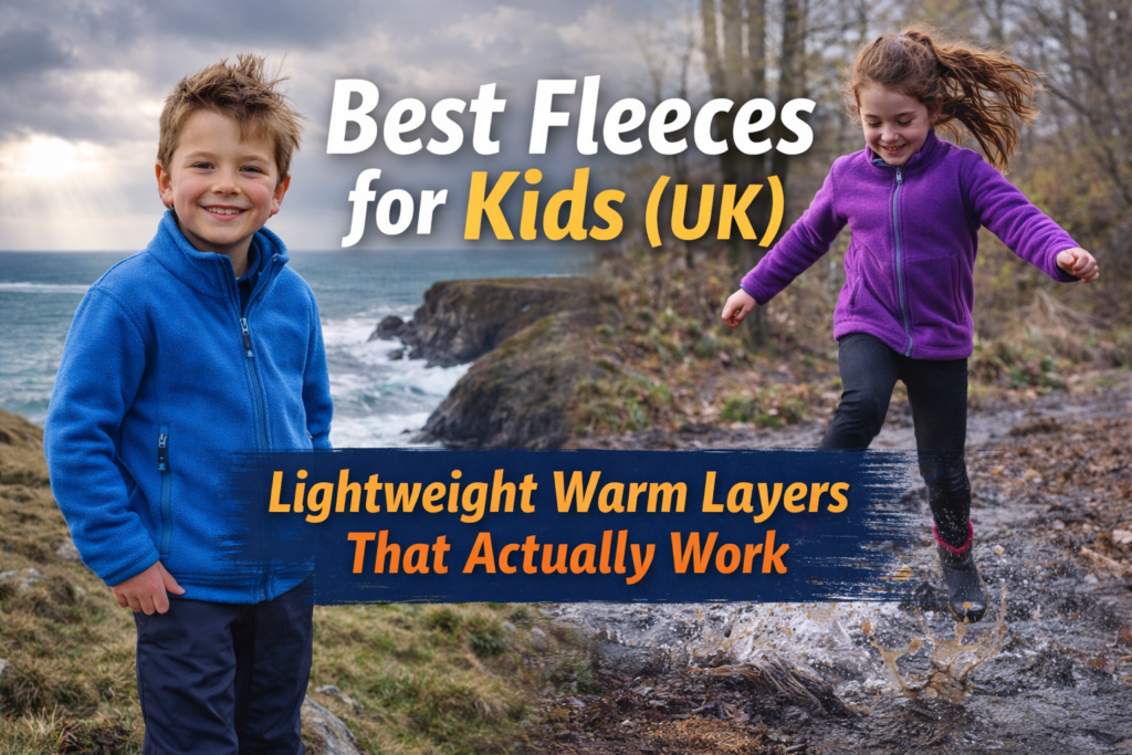 Child wearing a bright fleece jacket outdoors in cool UK weather, showing a lightweight warm layer for everyday use