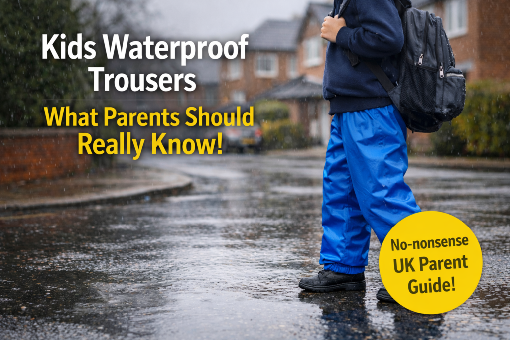Child wearing bright waterproof overtrousers splashing in puddles on a rainy UK street