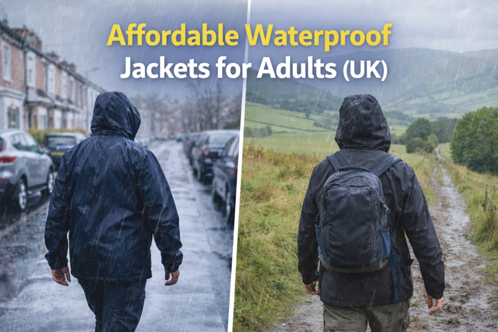 Adult wearing a waterproof jacket in heavy rain on a UK street and countryside path, showing budget rain jackets for everyday use