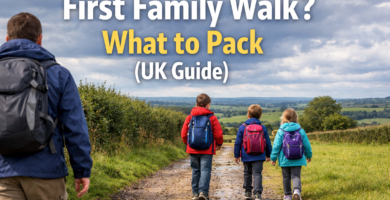 Family with backpacks walking along a muddy countryside trail in the UK on a cloudy day
