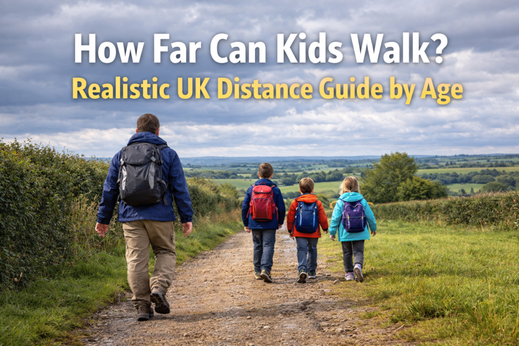 Family with children of different ages walking along a countryside trail in the UK with backpacks on a cloudy day