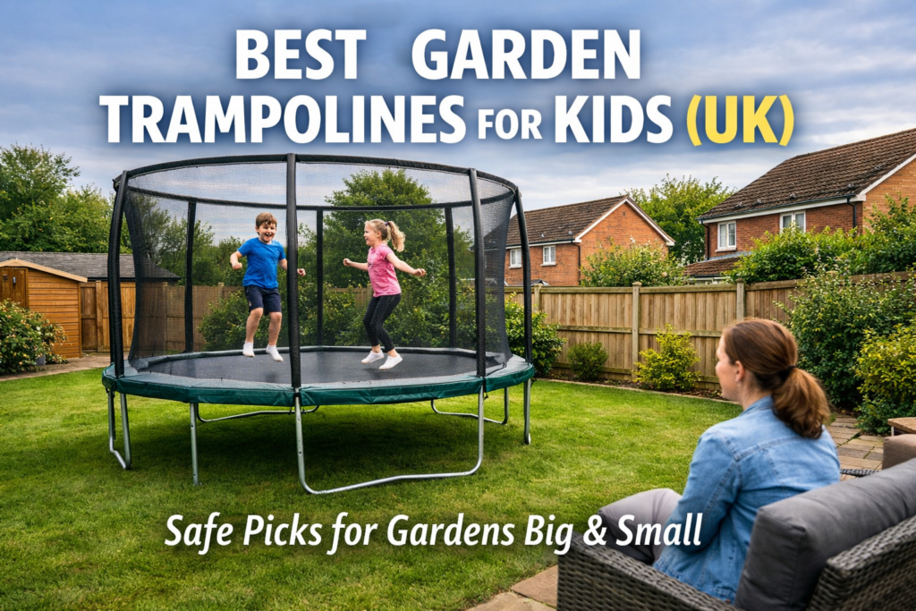 Children jumping on a large enclosed trampoline in a typical UK family garden