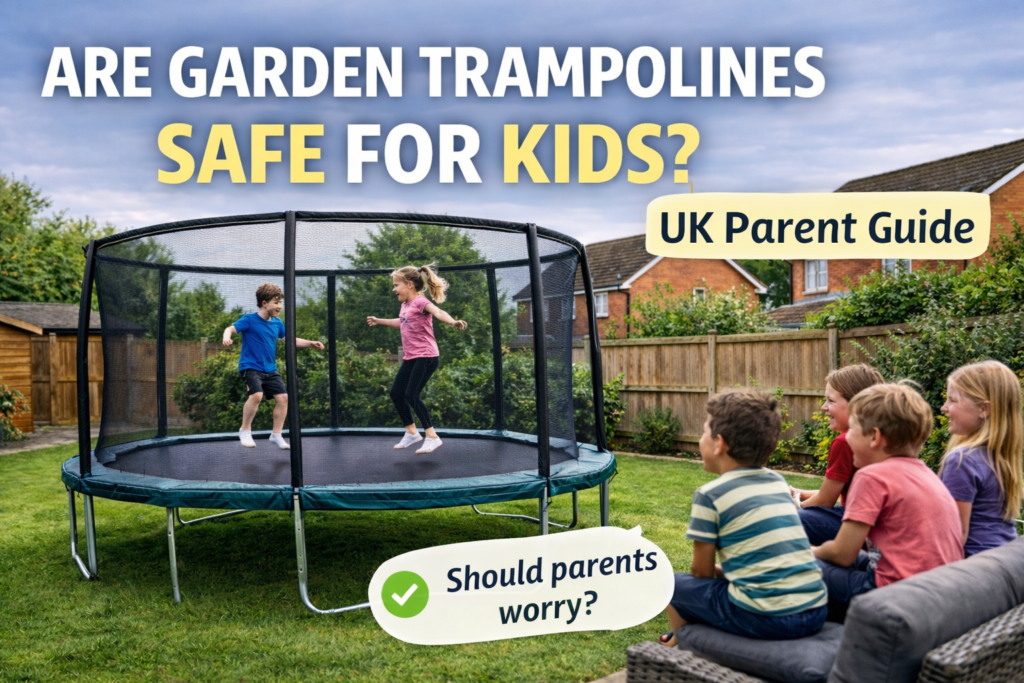 Are garden trampolines safe for kids — children using enclosed trampoline in UK garden