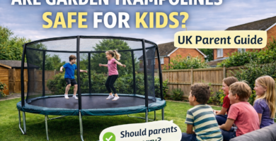 Are garden trampolines safe for kids — children using enclosed trampoline in UK garden