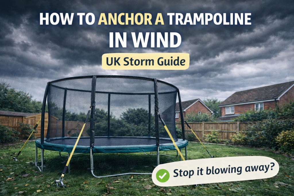 Anchored garden trampoline secured with straps during stormy UK weather