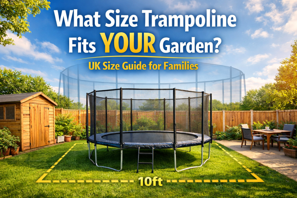 Child-safe trampoline in a typical UK garden showing size guide for choosing the right trampoline for your space