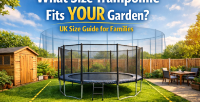 Child-safe trampoline in a typical UK garden showing size guide for choosing the right trampoline for your space