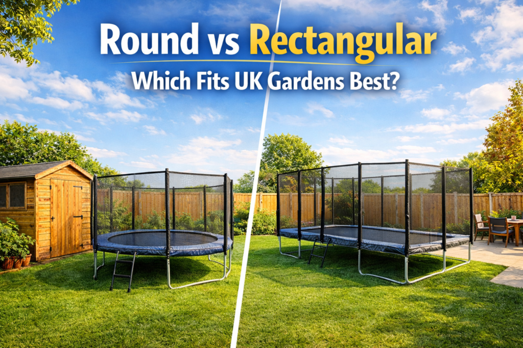 Round and rectangular trampolines side by side in a typical UK garden showing which shape fits family gardens best