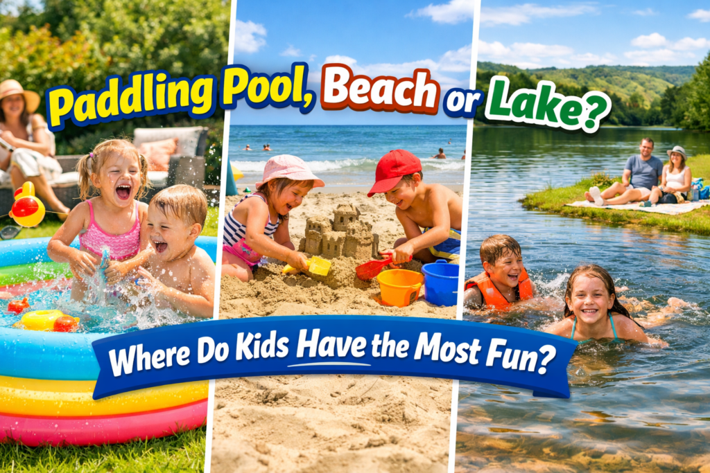 Kids having fun in paddling pool, beach and lake settings in the UK summer