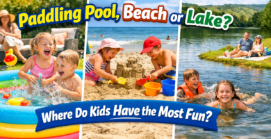 Kids having fun in paddling pool, beach and lake settings in the UK summer