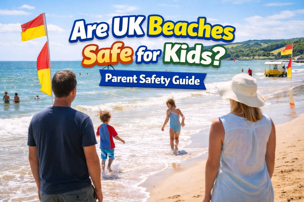 Parents watching children playing safely near the shoreline on a UK beach with lifeguard flags