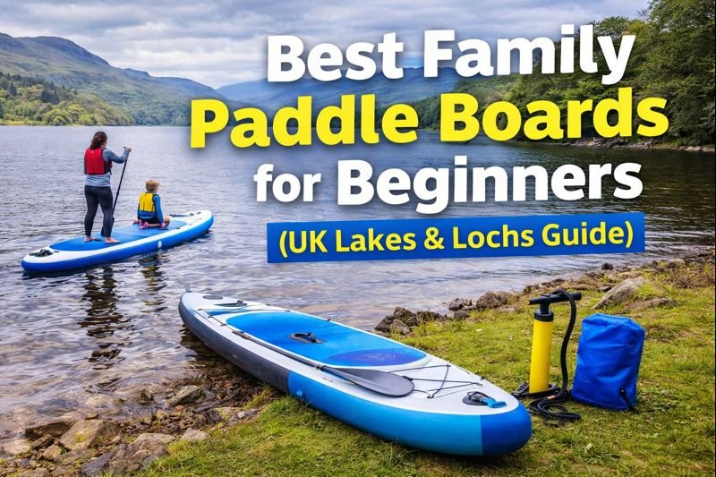 Family paddle boarding on a calm Scottish loch with inflatable SUP and gear on the shore, promoting beginner paddle boards for UK lakes and lochs