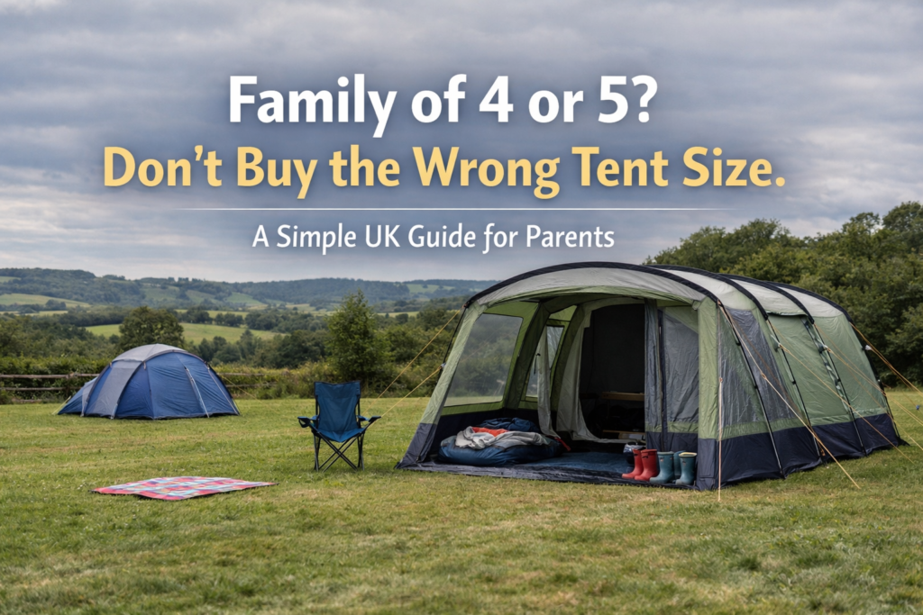 Family campsite in the UK showing a large 6–8 person tunnel tent and a smaller dome tent side by side on grass under overcast skies, with wellies and camping gear outside, overlaid with text about choosing the right tent size for a family of 4 or 5.