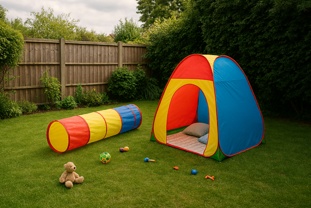 A landscape photo of a tidy UK back garden with a colourful pop-up play tent set up on the grass in a slightly shaded corner. A picnic blanket and a couple of cushions are visible inside the tent. Nearby you can see a play tunnel leading towards it and a few toys scattered around. Hedges, a wooden fence, and soft overcast UK daylight in the background.