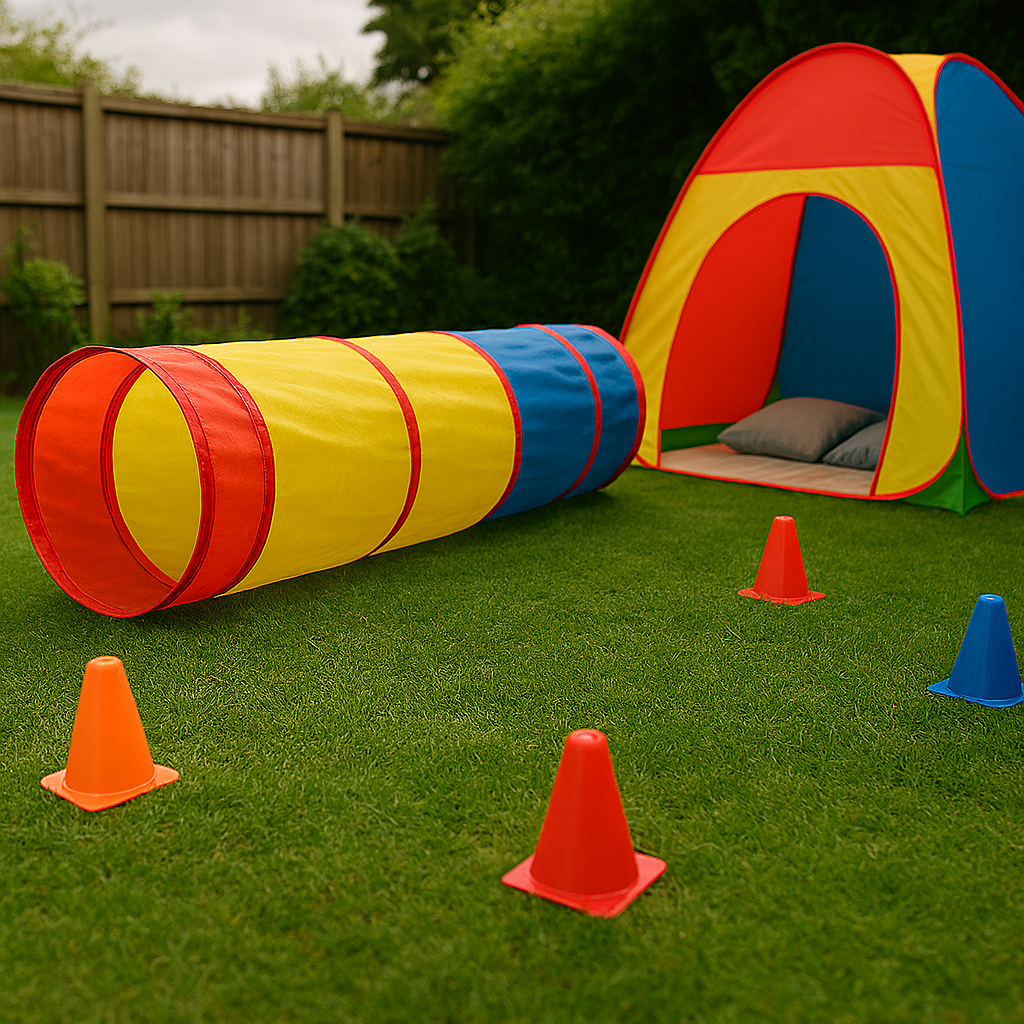 Close-up, low-angle view of a colourful children's play tunnel connected to a pop-up tent on damp green grass in a UK back garden. Four plastic cones are arranged around the setup, suggesting an obstacle course. The background features a wooden fence and dense hedges under soft, overcast daylight. No people present—just the play equipment ready for use.