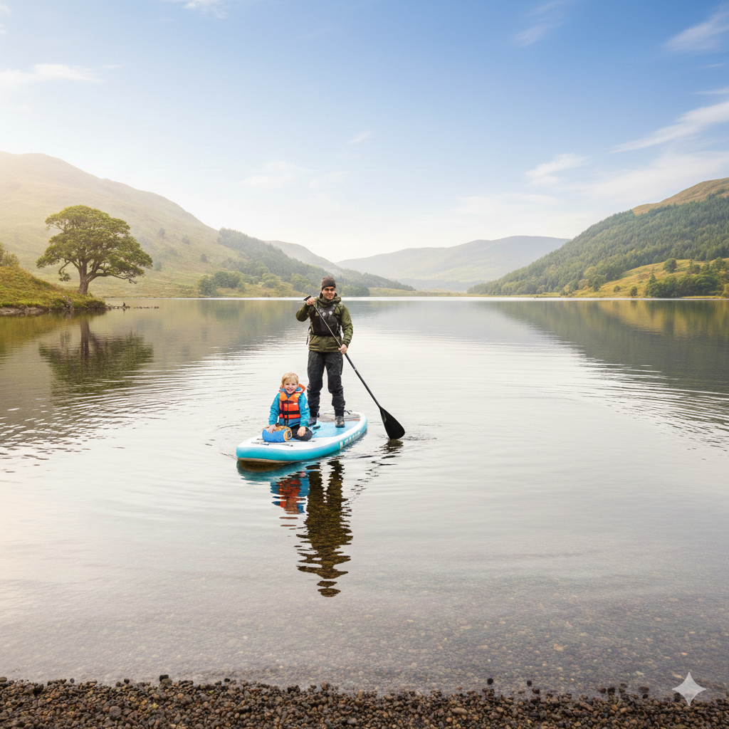 A realistic landscape photograph of a calm Scottish loch on an overcast but bright day. one inflatable paddle boards float near the shore in still water. One board has a child sitting at the front while an adult stands carefully behind holding a paddle. Gentle hills and trees surround the loch, with no crowds or boats. The mood is peaceful, safe, and family-friendly, showing beginner paddle boarding in a natural UK setting. sunny day

