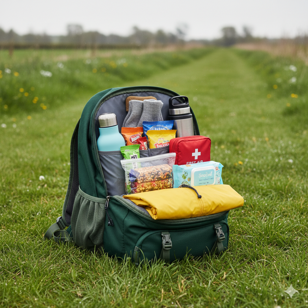Close-up of an open family backpack laid on grass, neatly packed with walking essentials: water bottles, snack bars, spare socks in a small waterproof bag, wet wipes, a compact first aid kit, and a folded lightweight jacket. No brand logos visible. Natural outdoor setting, slightly overcast lighting typical of the UK.

