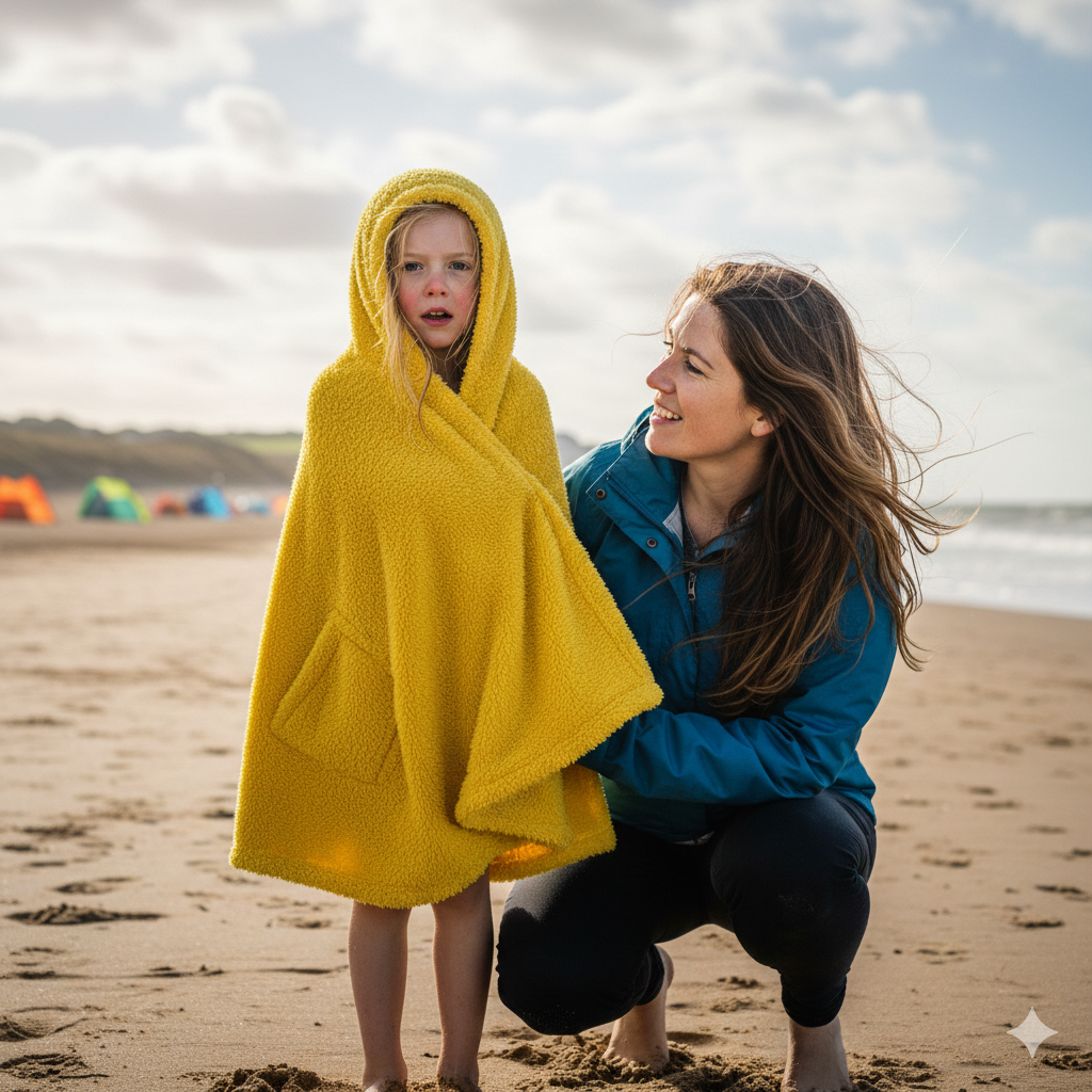 Child wrapped tightly in a fluffy towel or bright poncho, rosy cheeks from the cold, parent crouched beside them smiling, wind blowing hair and fabric, beach backdrop slightly overcast but cheerful, warm cozy feeling against cool coastal air.