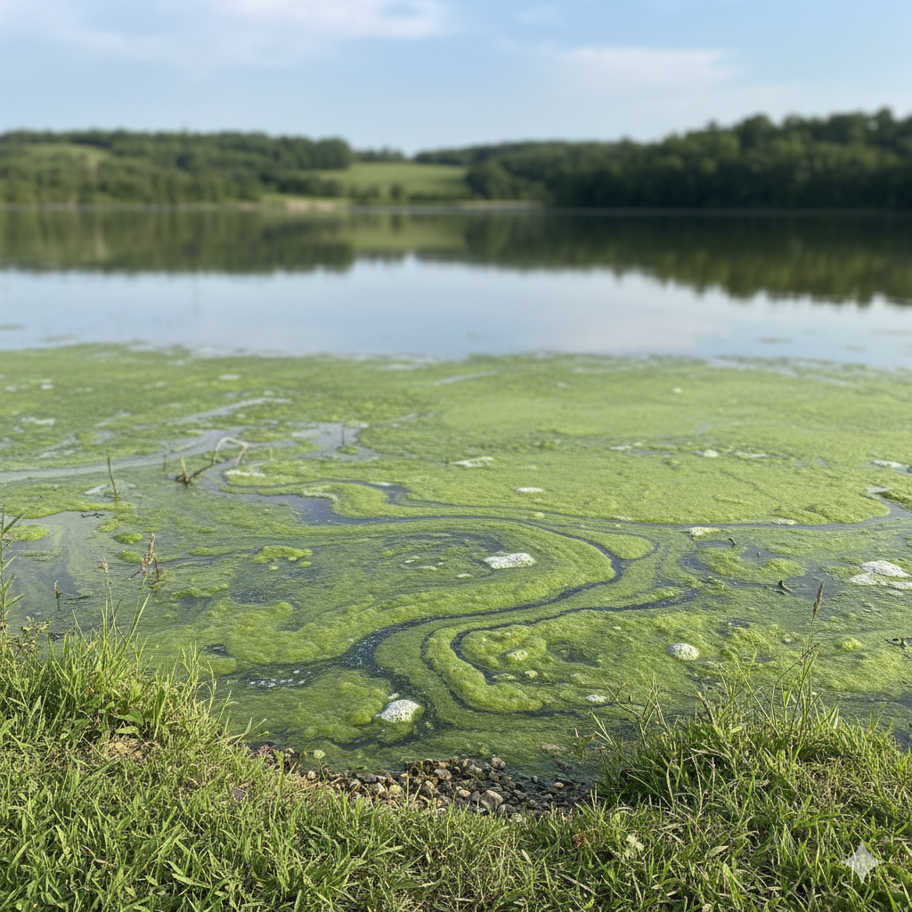 Lake surface showing green algae or scum near shoreline (non-graphic, educational), calm rural setting.

