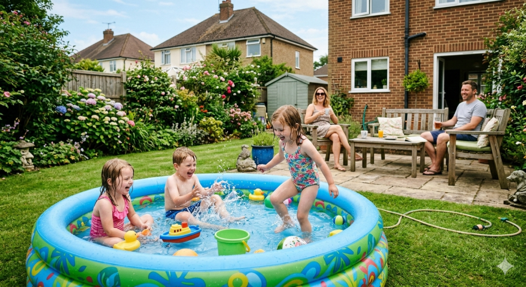 Children aged 2–6 splashing in a large inflatable paddling pool in a typical UK suburban garden, water toys floating, parents nearby relaxing on patio furniture, warm sunny afternoon, natural candid photography style.


