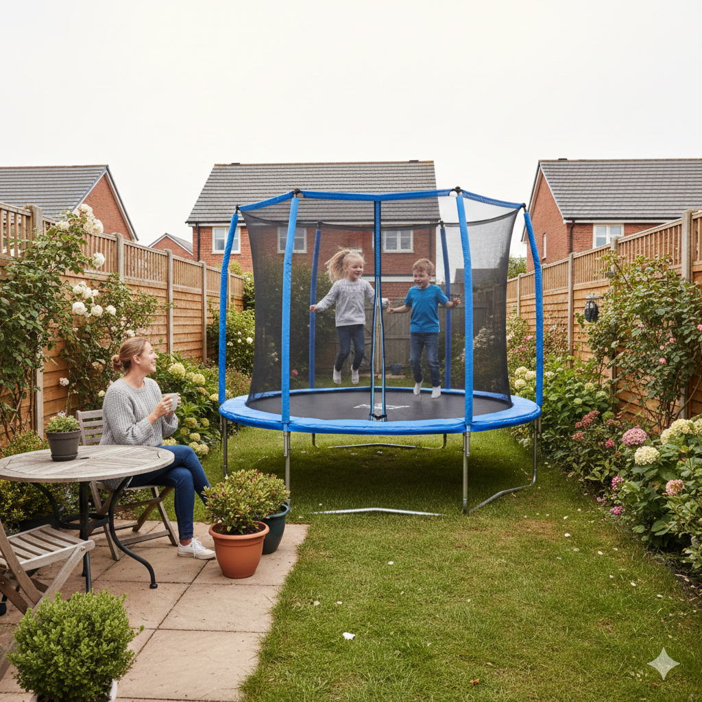 A realistic medium-sized UK suburban garden with a 12-ft round trampoline with safety enclosure on a grassy lawn. Primary-school-age children jumping inside while a parent watches from a patio area. Overcast but bright British weather, nearby fencing and shrubs typical of UK homes.

