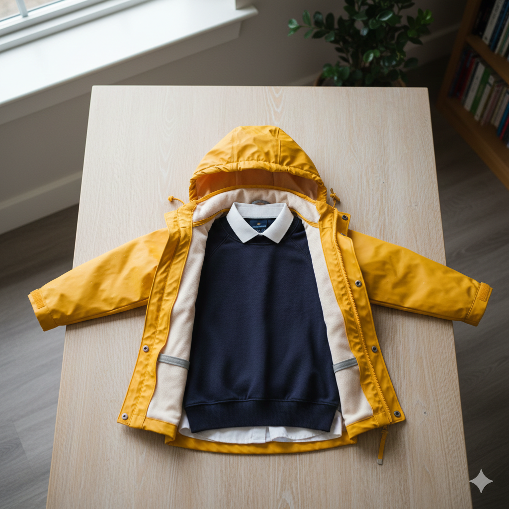 yellow waterproof jacket laid out with school uniform to demonstrate layering
