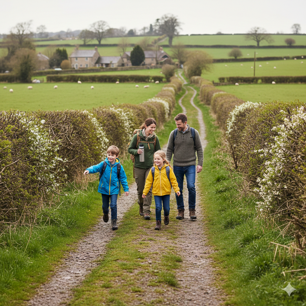 A UK family setting off on a countryside path on a cloudy but bright day. Two children wearing small backpacks and lightweight jackets walk slightly ahead while a parent carries a daypack. The path is a mix of gravel and mud, bordered by hedgerows and green fields. Everyone looks relaxed and casual, not like serious hikers. Realistic UK scenery, slightly damp ground, soft natural light.

