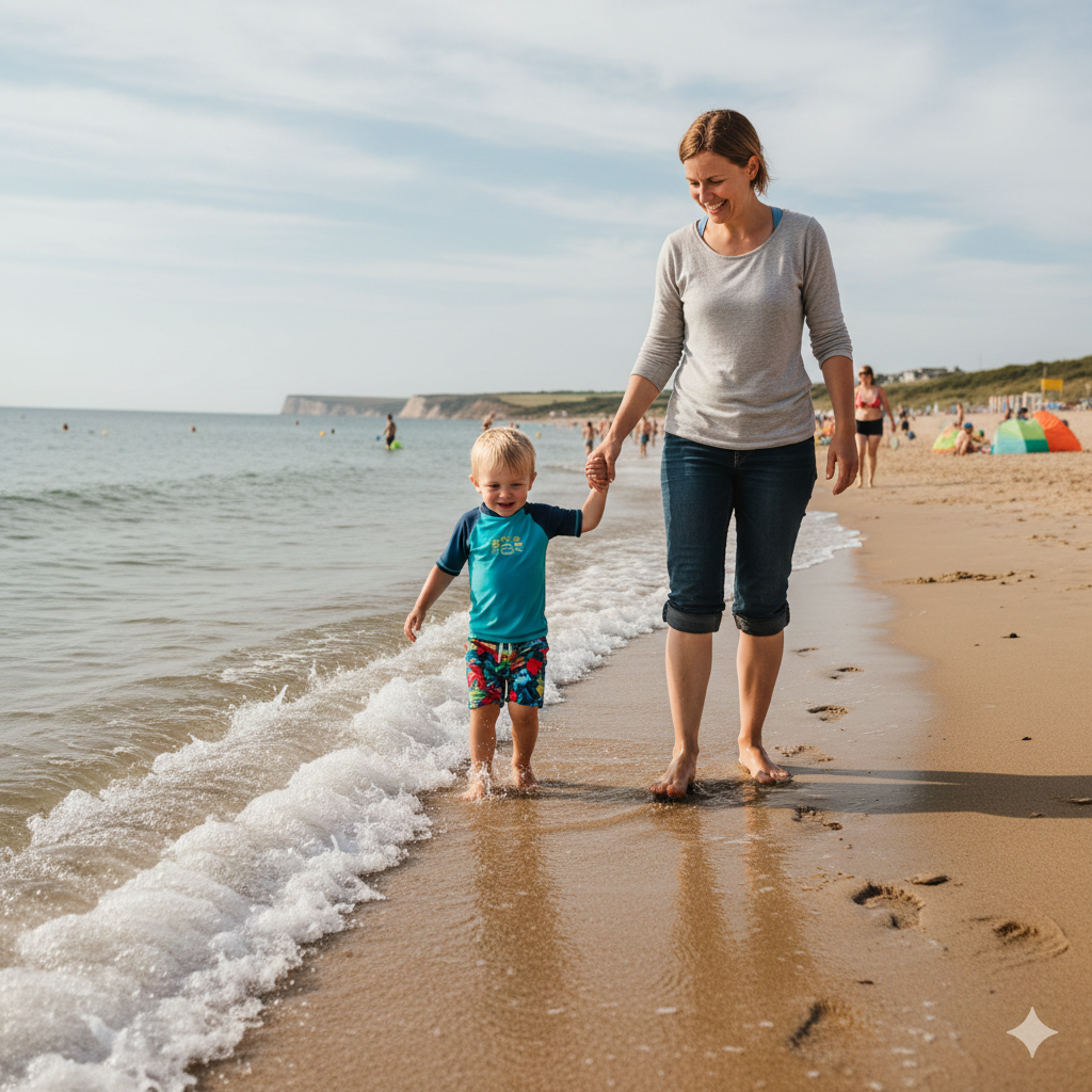 Parent holding a young child’s hand in shallow surf while small waves approach, typical UK sandy beach, cautious but happy mood.
