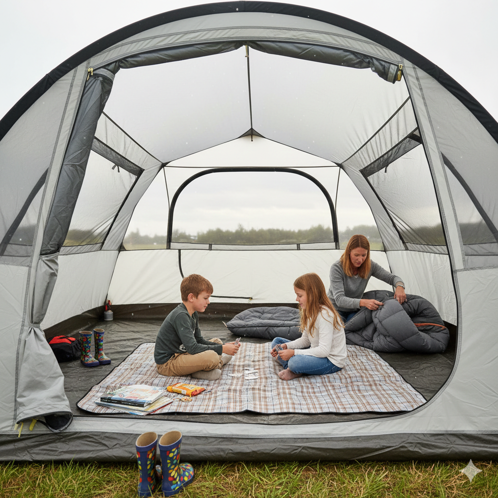 Inside a spacious family tent with a central living area on a typical UK campsite. Two children sitting on sleeping bags playing a simple game, one parent organising bedding, soft natural daylight coming through the tent fabric. Visible sleeping pods to the side and enough space to move comfortably. Slightly cloudy outdoor light filtering in, realistic and warm but not overly styled. No posed smiles, no influencer vibe — just a calm, practical family camping moment. Landscape orientation.

