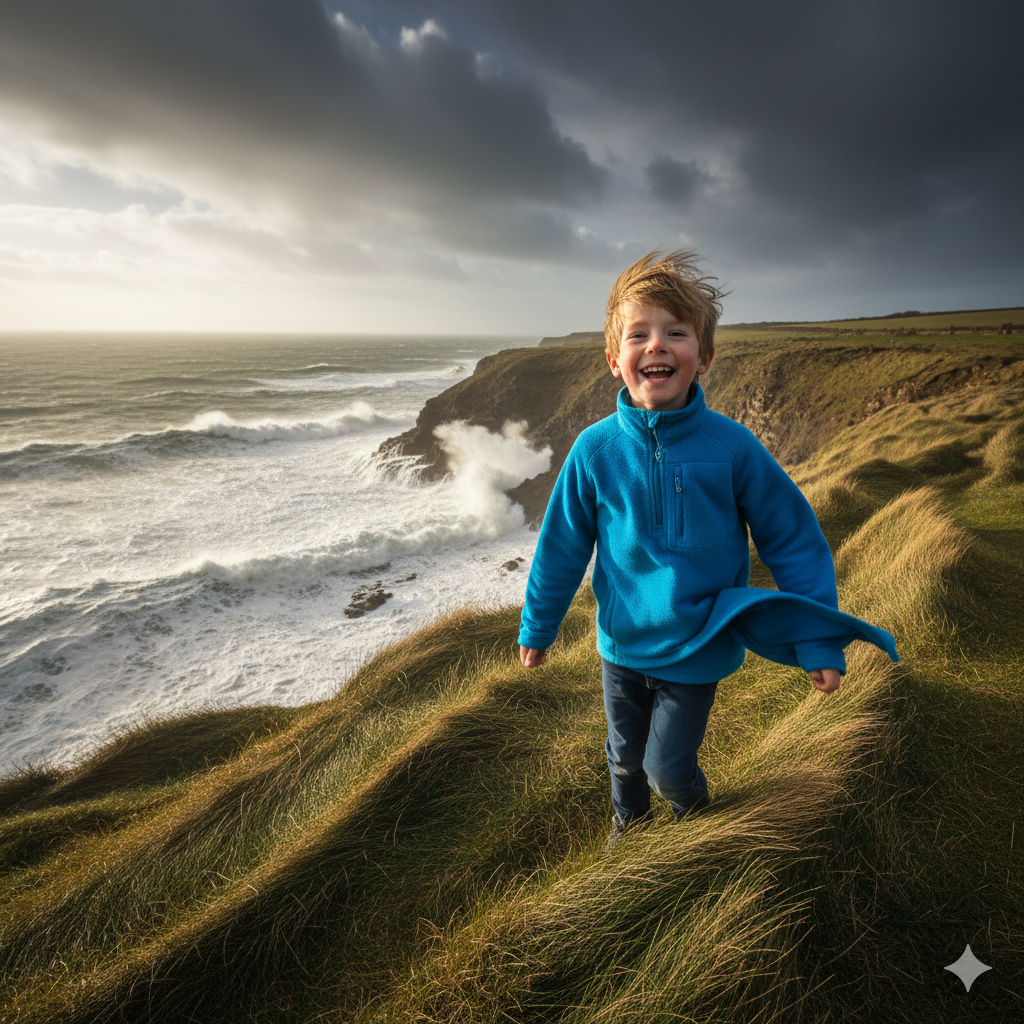 A dramatic coastal scene on a blustery UK day. A child wearing a bright fleece jacket standing on a grassy cliff-top overlooking the sea, hair blowing in the wind, waves crashing below. The sky is grey with patches of sunlight breaking through, creating a sense of adventure and real British weather. The child looks excited and energetic, showing the fleece in action as a lightweight but warm outer layer.


