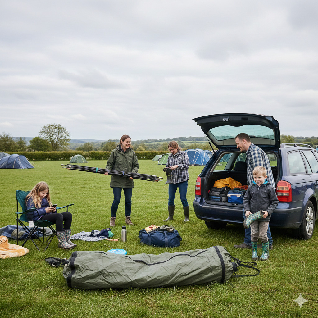 A realistic UK campsite scene on slightly overcast day. A family of four unloading their car beside a grassy pitch. One parent is holding tent poles, the other is organising bags. Two children nearby — one sitting on a folded camping chair, the other holding a pair of wellies. A mid-sized family tunnel tent bag lies on the grass, not yet pitched. Natural colours, no dramatic sunshine, slightly cloudy UK light. The scene should feel authentic and mildly chaotic but warm — not posed or influencer-style. Landscape orientation, no text overlay.

