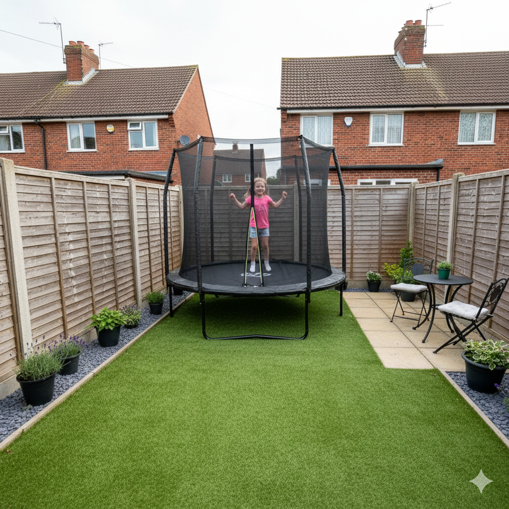 A small 8 ft round trampoline with safety enclosure placed in a compact UK garden. Single child bouncing inside, minimal surrounding space but clear safety distance from fences. Artificial grass or small lawn, patio nearby, suburban setting, soft daylight, realistic British garden style, clean and tidy scene, photographic style, landscape orientation, 3:2 ratio.

