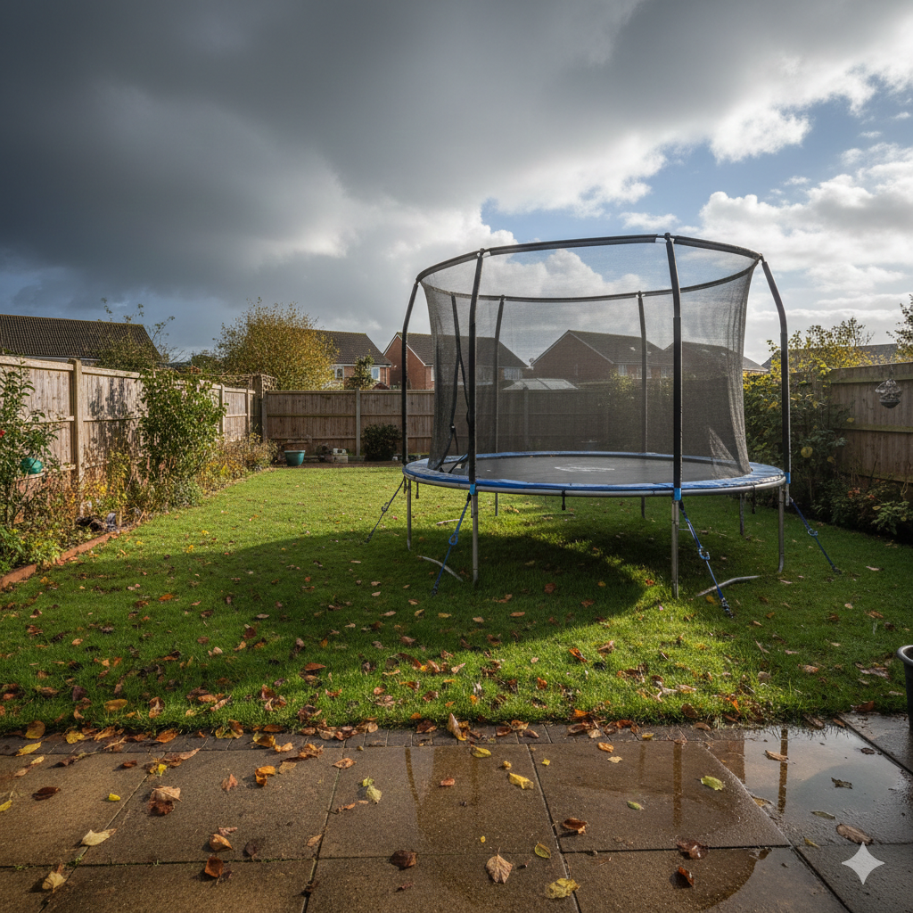 Early morning UK garden after a severe storm: fallen leaves scattered across lawn, damp ground, cloudy sky breaking to sunlight. A large trampoline stands intact and upright, securely anchored, while neighbouring gardens show light storm debris. Realistic suburban British setting, calm post-storm atmosphere, photographic style, high detail, landscape orientation, 3:2 ratio.

