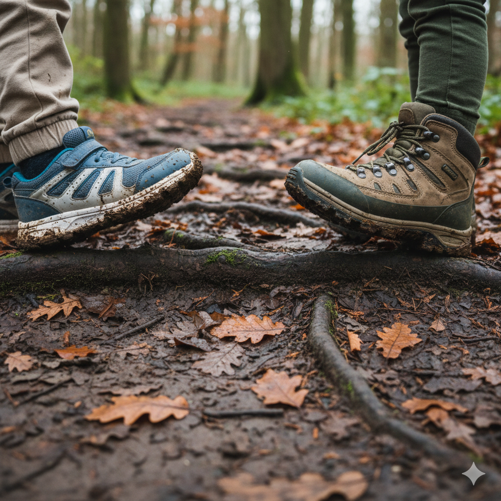 A close-up, ground-level side-by-side comparison of two children's feet on a damp woodland trail. On the left, a child wears blue and white Velcro trainers with shallow treads, which are caked in mud and appearing to slip on a wet tree root. On the right, a child wears sturdy, mid-height brown waterproof walking boots with deep lugs that provide a firm grip on the muddy ground and fallen autumn leaves.