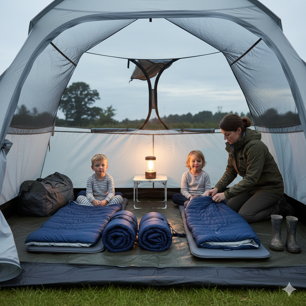Inside a family tent in the UK during early evening. The setup looks simple but comfortable — sleeping bags laid out neatly, a soft warm glow from a rechargeable lantern, children in pyjamas sitting calmly on bedding while a parent zips up a sleeping bag. Bags tucked to the side, shoes visible in the porch area. Slightly cloudy daylight fading outside. The mood should feel calm, achievable and realistic — not luxury glamping, not messy chaos. Landscape orientation, no text.

