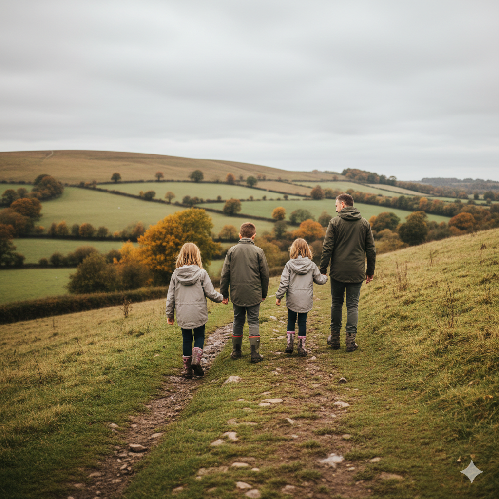 A rear view of a father and three children walking away from the camera along a gentle, grassy hillside path in the UK countryside. The family is dressed in practical outdoor gear, including muted green and grey waterproof jackets and walking boots. The landscape features rolling green hills divided by traditional hedgerows under a grey, overcast autumn sky. The path is slightly muddy with embedded stones.