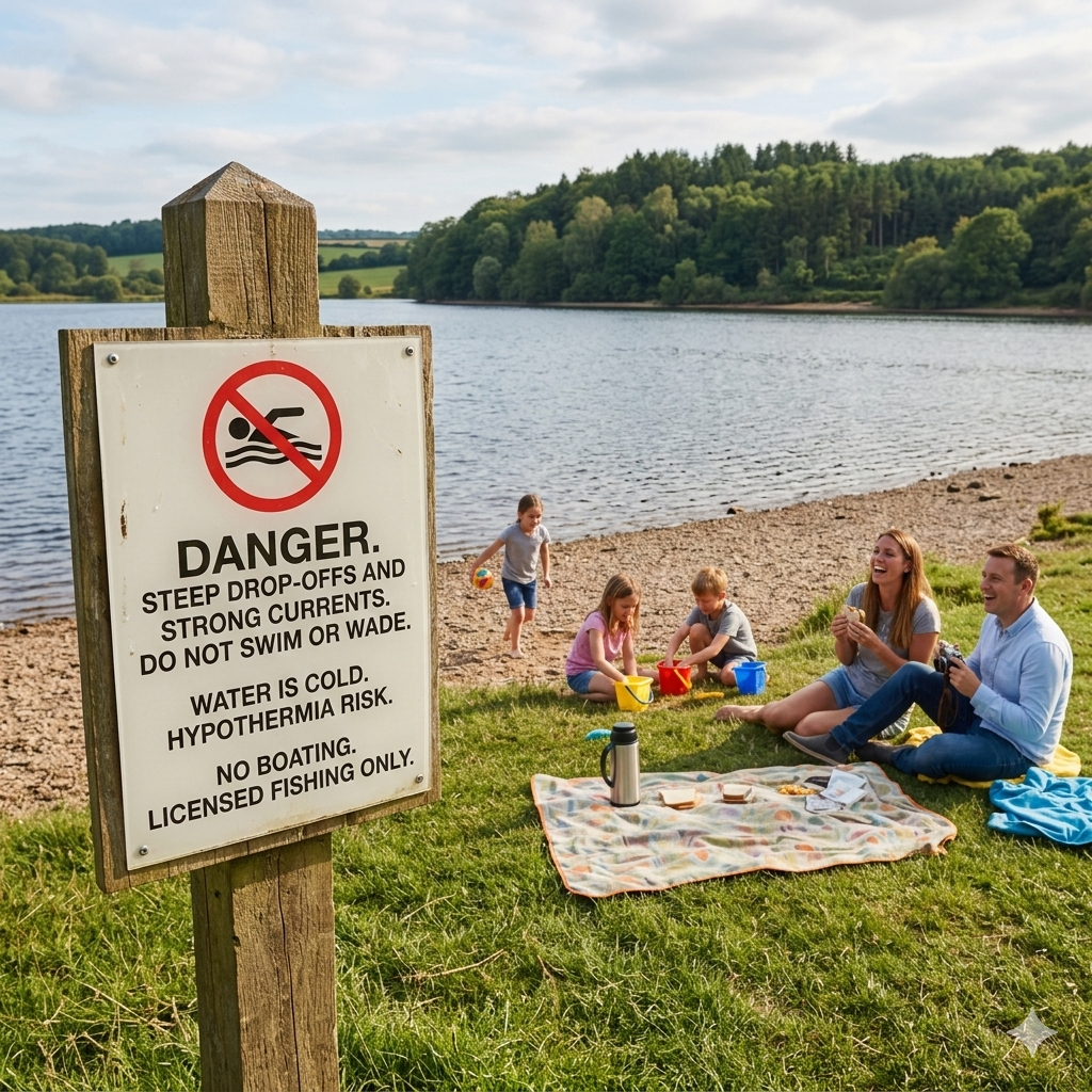 Reservoir or lake shoreline with “No Swimming” or safety warning sign, dramatic contrast to family-friendly scene.

