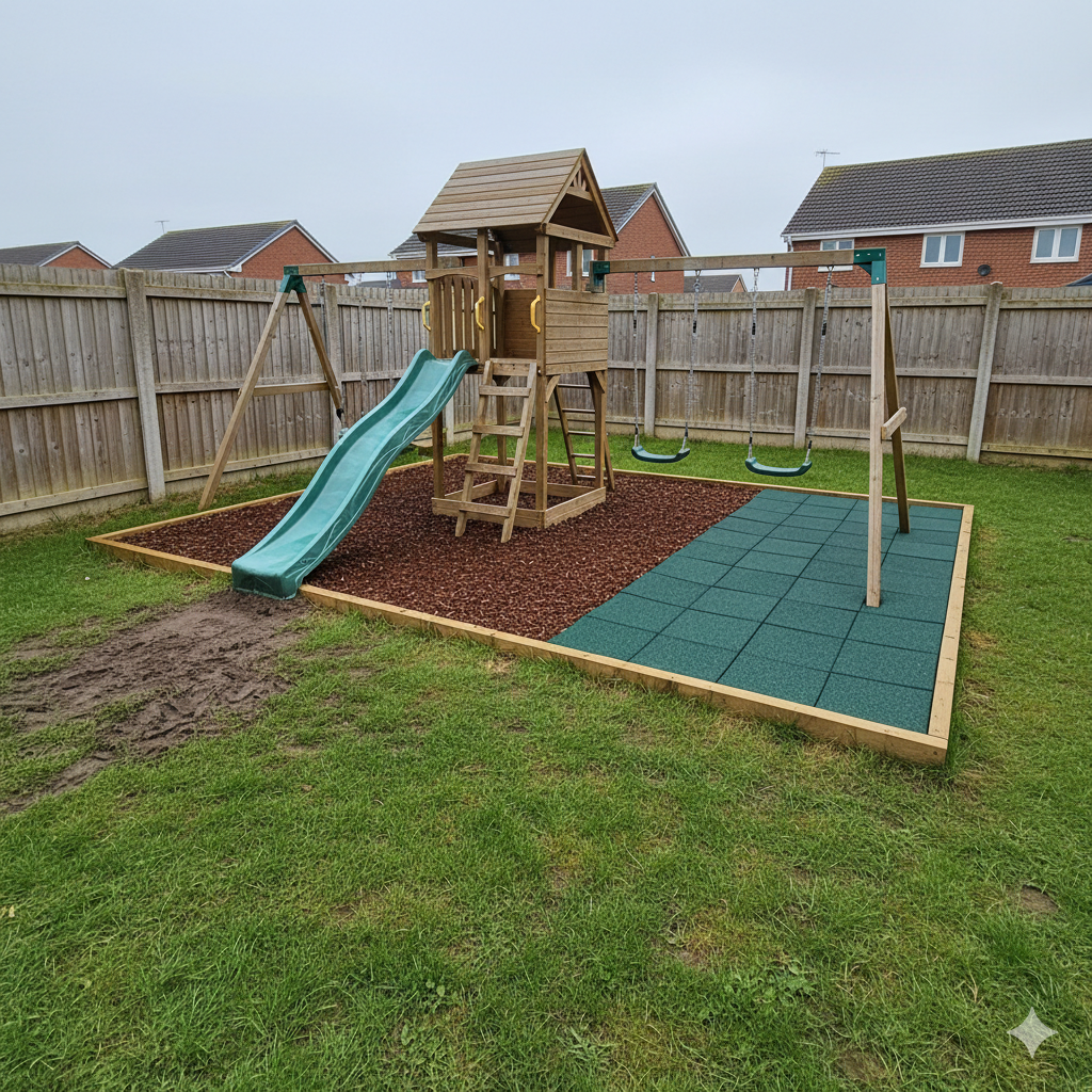 A wide-angle, eye-level shot of a wooden children's climbing frame in a typical UK suburban back garden with a grey, overcast sky. The play area is divided into three distinct ground-surfacing options for comparison: on the left, a muddy, worn-down grass patch at the bottom of a green slide; in the middle, a section filled with brown bark chippings contained by a timber border; and on the right, a neat area of square green rubber safety mats. In the background, a wooden panel fence and the rooftops of brick houses are visible.